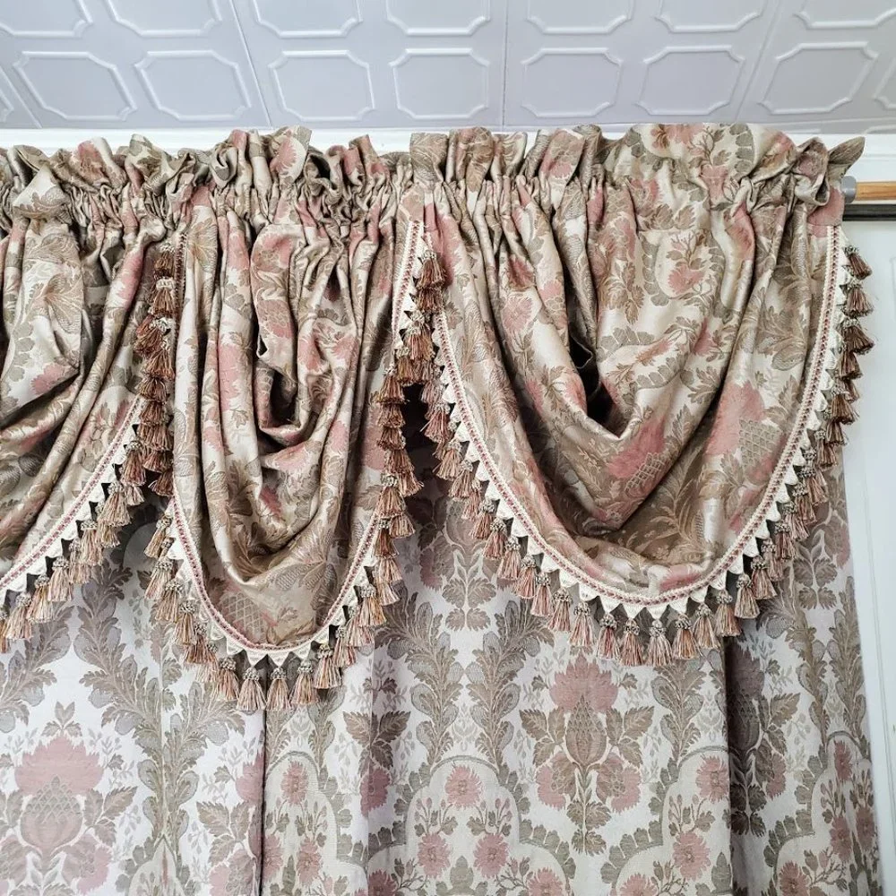 JC Penney Drapes Waterfall Valances 100Wx85L Tan Floral Jacquard Lined Vtg 7pcs